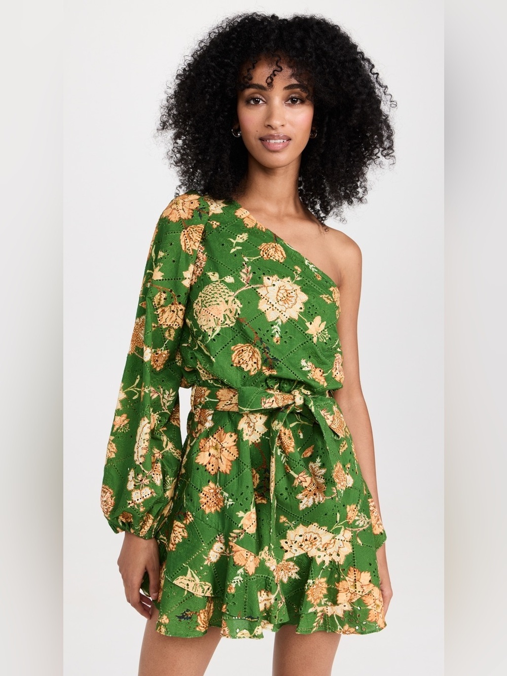 Hemant & Nandita Dija Short Dress Mini One Shoulder Long-Sleeve Floral Print